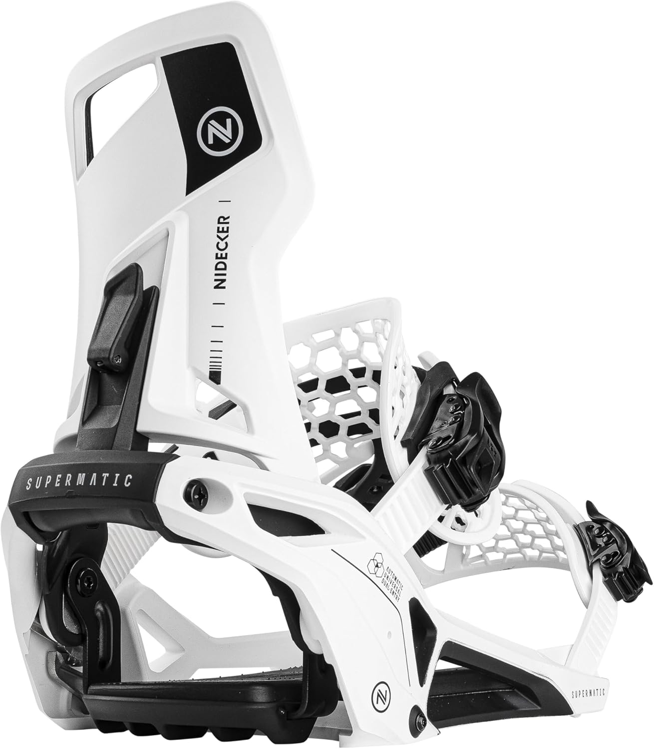 

Nidecker Supermatic Snowboard - первое универсальное крепление с двумя ремнями и автоматическим замком. Удобное и надежное, как обычное крепление с двумя ремнями. Настоящий прорыв благодаря технологии Drop-in., Black, Белый, Nidecker Supermatic Snowboard 