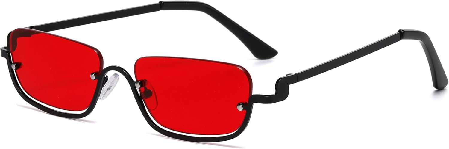 

Солнцезащитные очки в стиле ретро прямоугольной формы для женщин и мужчин. Модные полуободковые солнцезащитные очки в стиле Y2k с тонировкой. Узкие квадратные солнцезащитные очки SevenColor, Black/Red