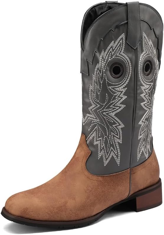 

Ковбойские сапоги DHAEY для мужчин и женщин, низкий каблук, плоские, с вышивкой, ретро, средняя высота голенища, классические модные сапоги с прострочкой, сапоги для верховой езды, кантри-вестерн (Цвет: серый, Размер: 8,5 женский / 7 мужской)