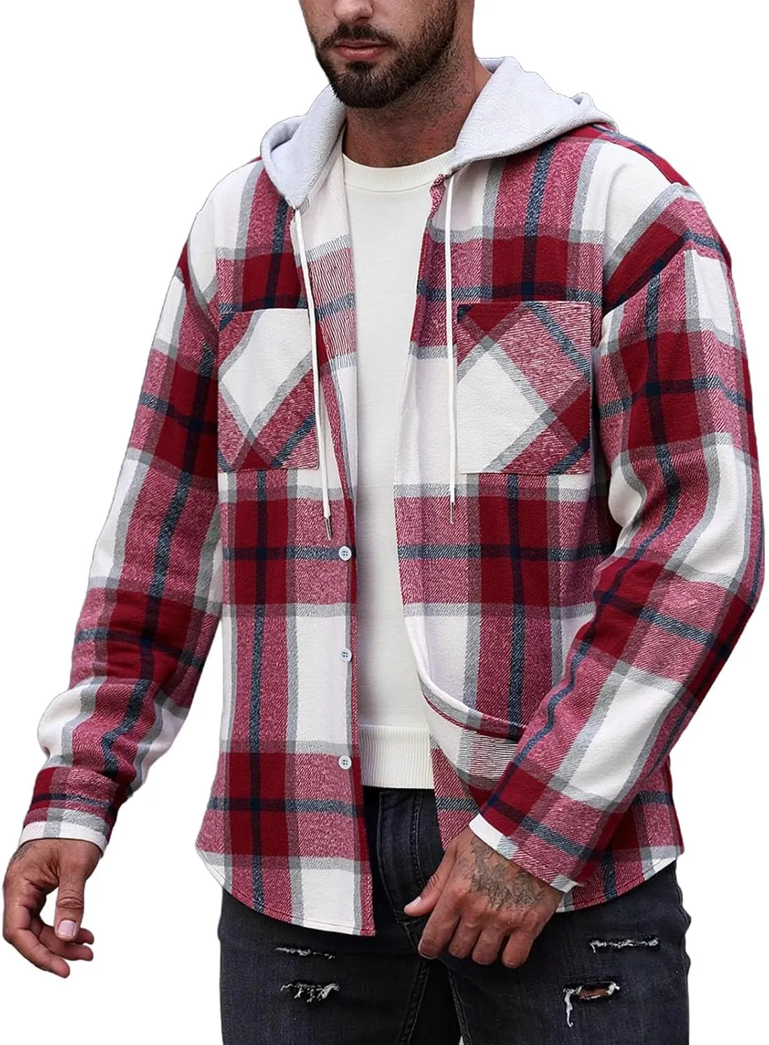 

Мужская клетчатая фланелевая толстовка с капюшоном на пуговицах Cambkatl