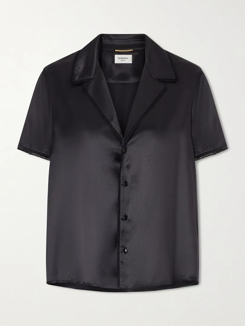 Шелковая атласная рубашка с кружевной отделкой SAINT LAURENT, черный