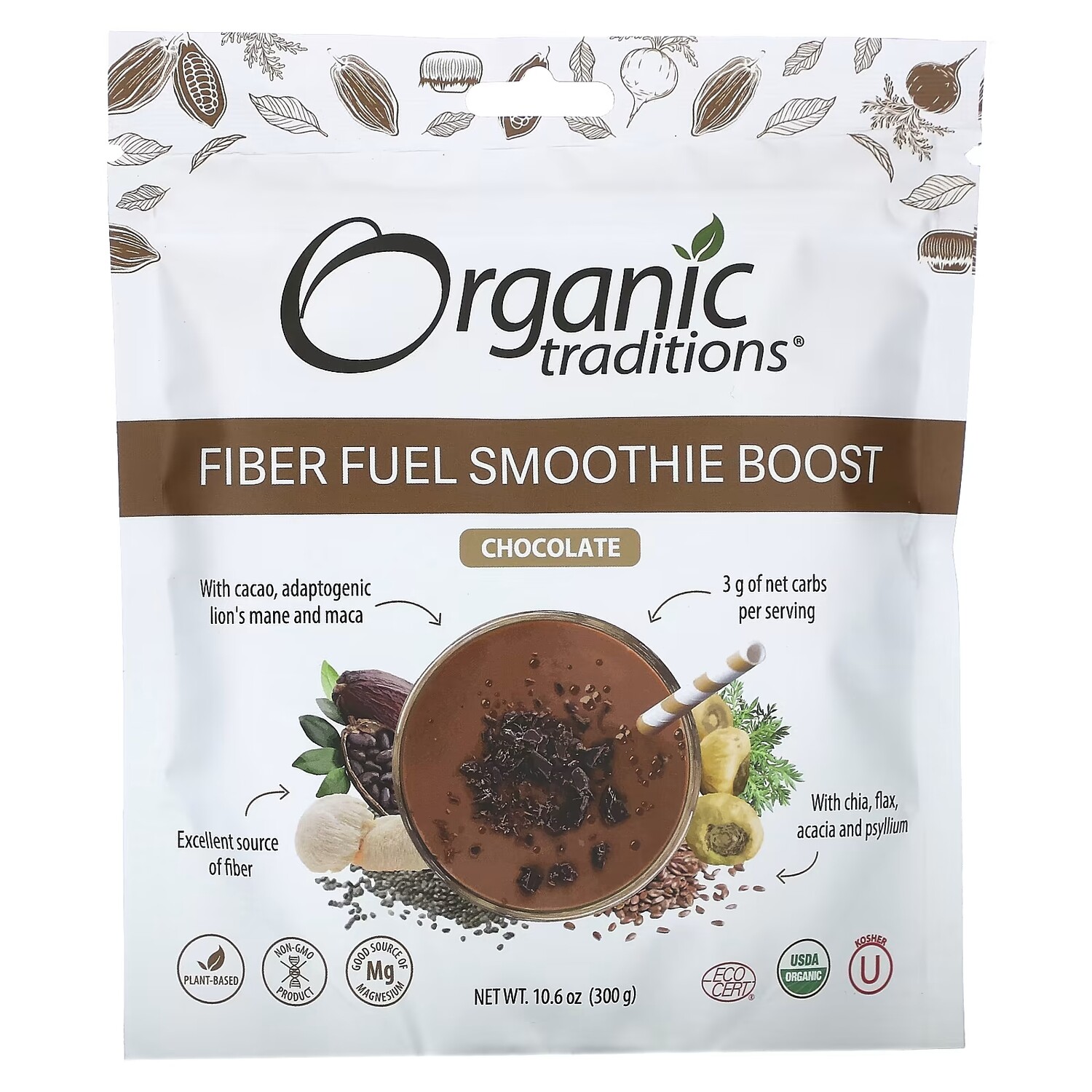 

Organic Traditions Fiber Fuel Smoothie Boost Шоколад, 10,6 унций (300 г)