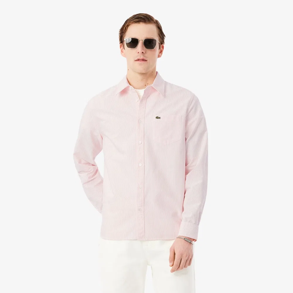 Мужская оксфордская рубашка в полоску, розовая, от Lacoste