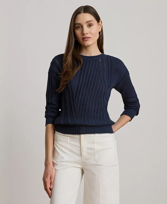 

Женский свитер с вязаным узором Pointelle из хлопка с круглым вырезом Lauren Ralph Lauren, синий
