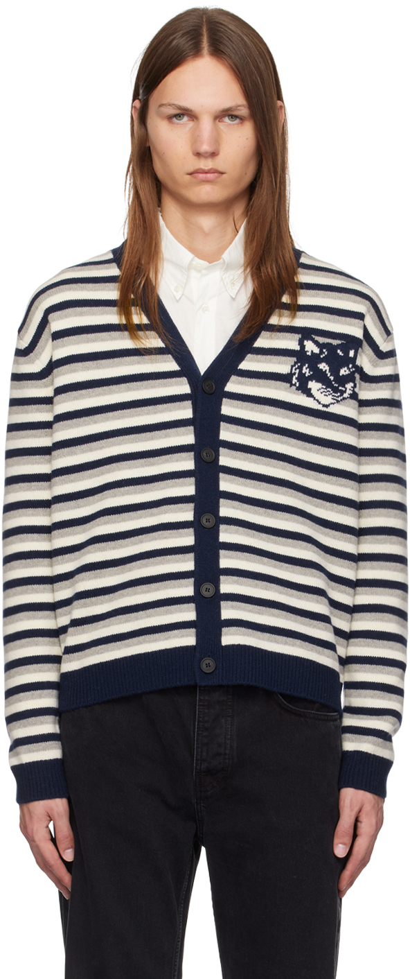 

Кардиган с интарсией и полосками Navy Fox Head Maison Kitsune