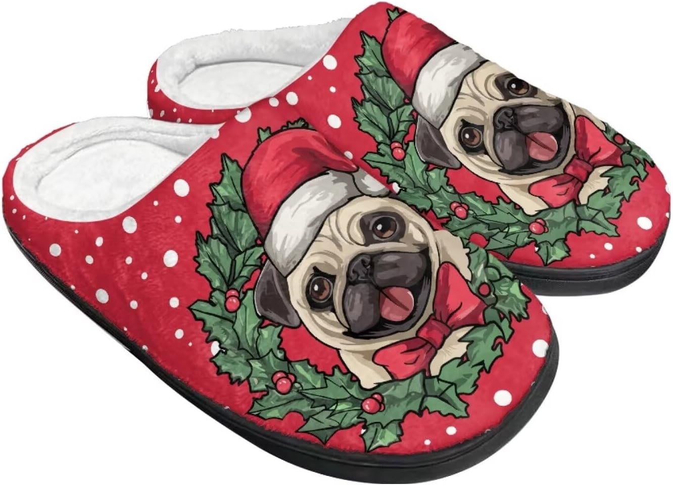 

Женские уютные пушистые тапочки унисекс с легким надеванием, повседневные домашние тапочки для спальни с противоскользящей подошвой для мужчин Tomeusey, Christmas Pug