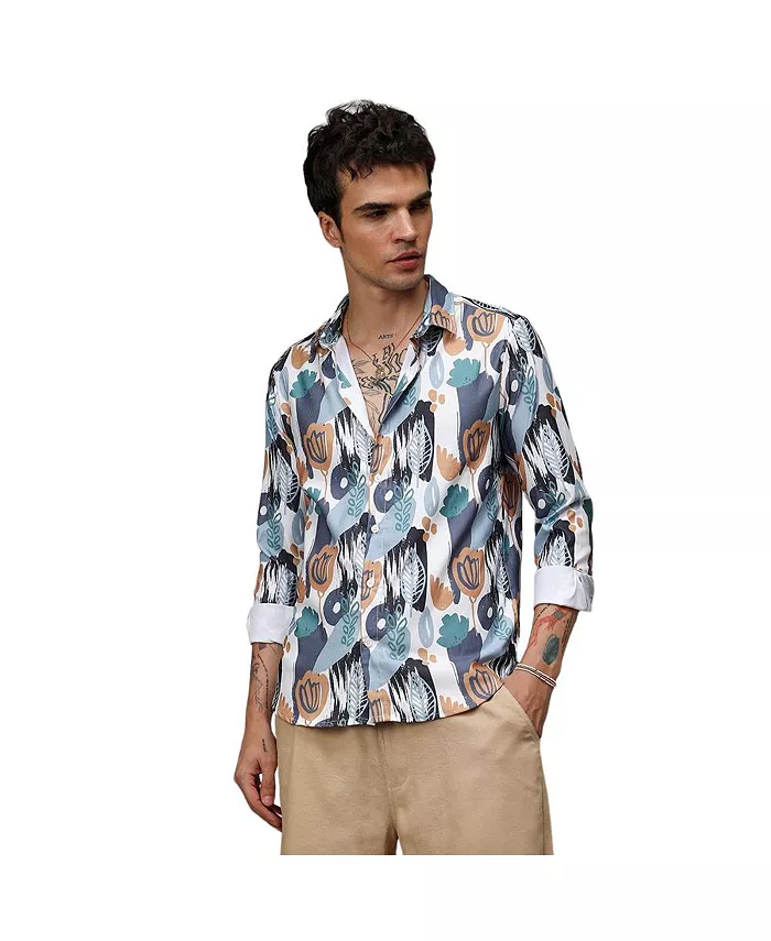 

Мужская рубашка Prussian Blue & Sienna Brown Foliage Strokes Campus Sutra, синий