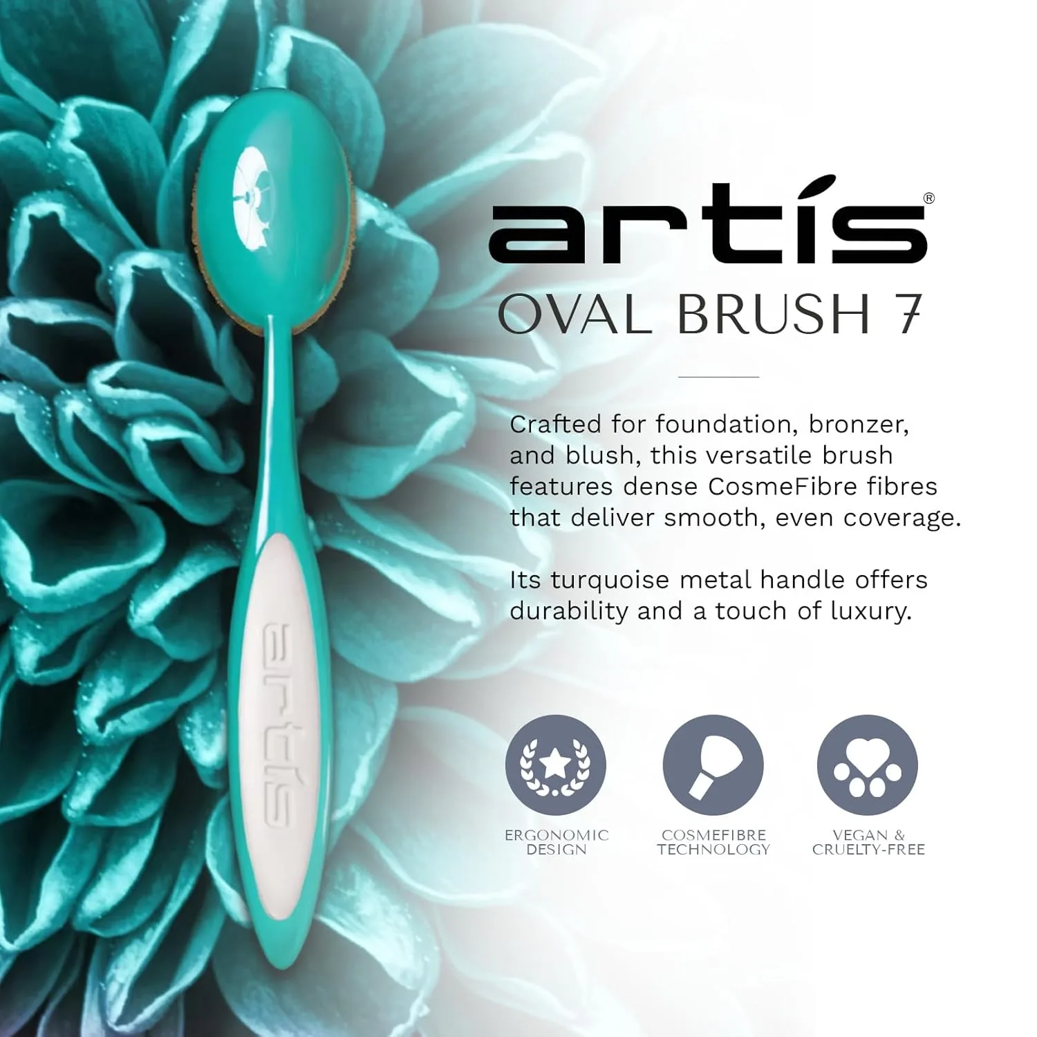 Кисть для макияжа Artis Elite Oval 7 для тональных средств, кремов, пудр и жидких теней. Плотный профессиональный аппликатор для BB-крема, SPF и контуринга. Аэрографический финиш. Цвет: бирюзовый., Turquoise — фото 2