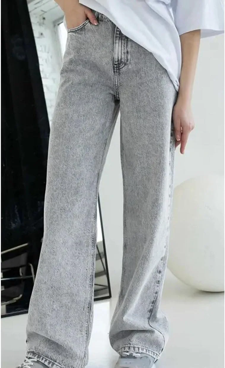 Женские джинсы Vintage Washed Wide Leg с потертостями, классическая высокая посадка на пуговицах — фото 3