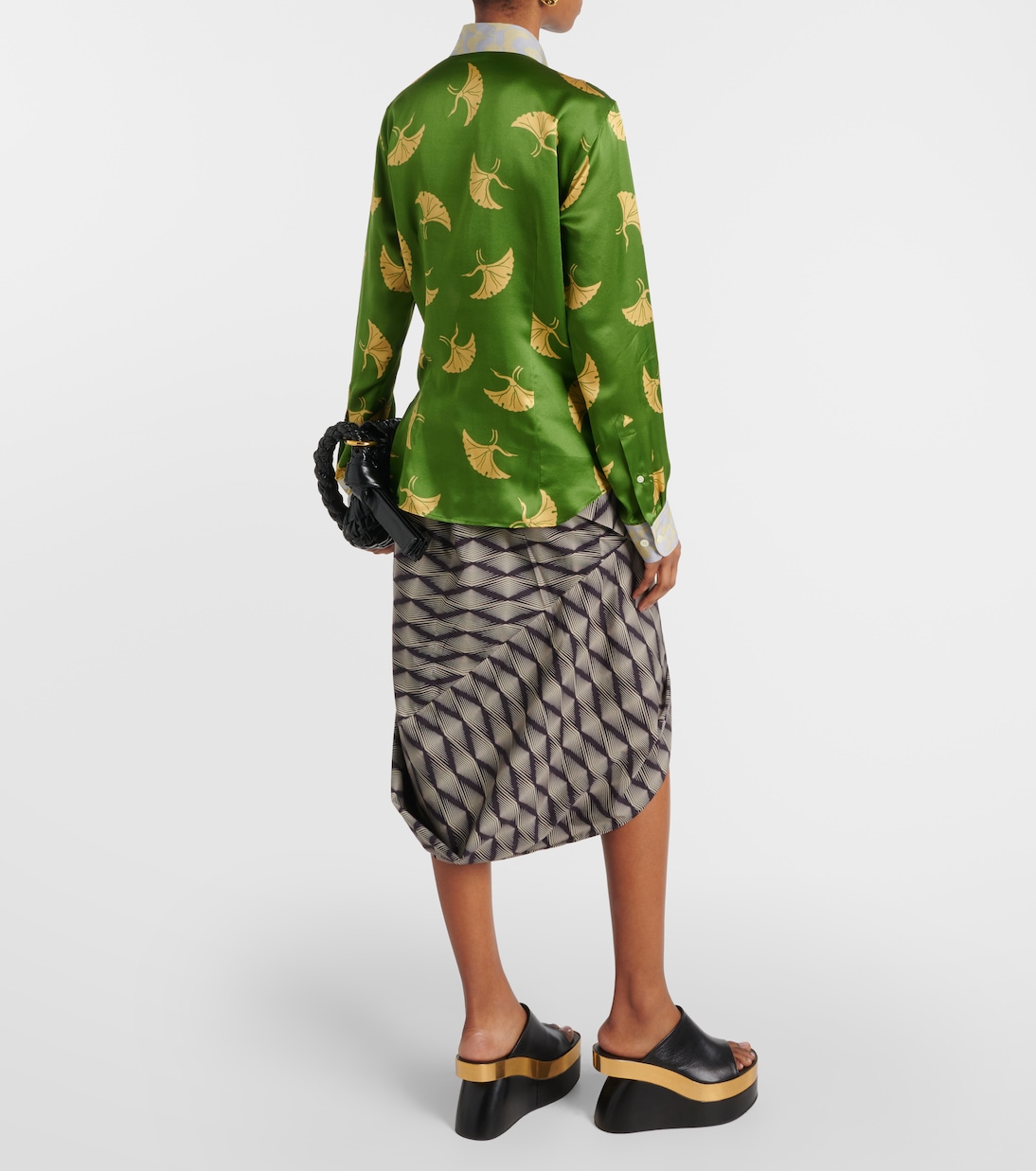 Рубашка из смесового шелкового атласа с принтом Dries Van Noten, зеленый — фото 3
