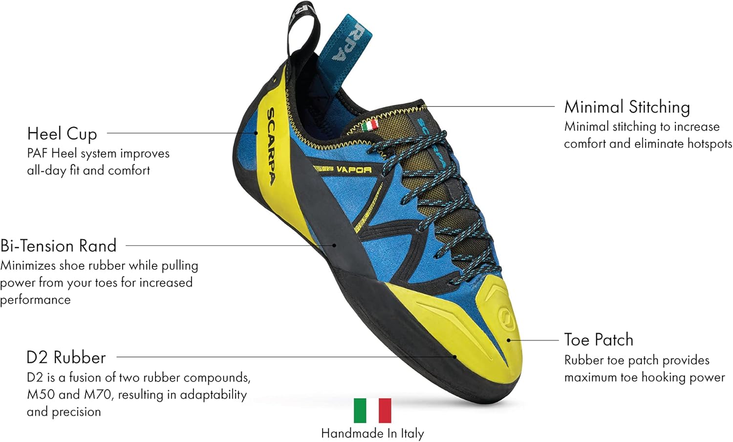 Мужские скальные туфли SCARPA Vapor Lace для спортивного скалолазания и боулдеринга, синий/желтый — фото 2