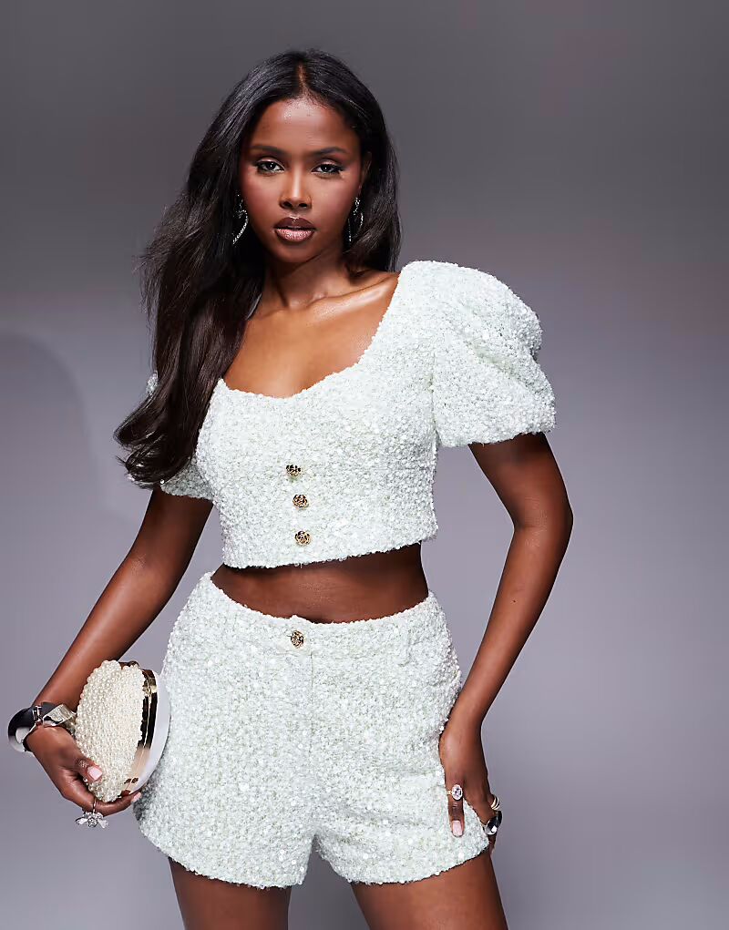 

Топ ASOS LUXE Coord с декоративными фактурными рукавами-буфами мятного цвета