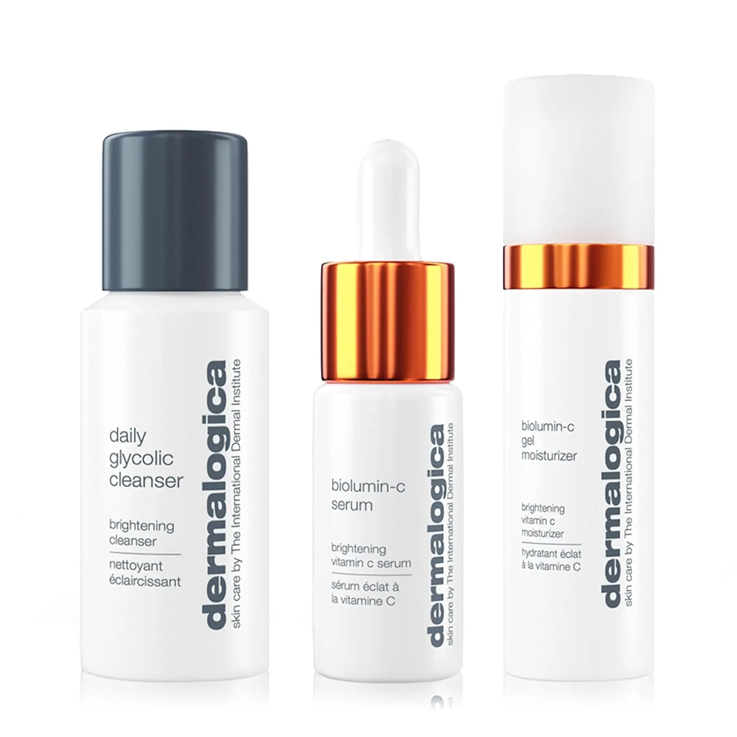 Набор для ухода за кожей лица Dermalogica Daily Brightness Boosters - сыворотка BioLumin-C (8,5 г), увлажняющий гель BioLumin-C (14,2 г) и очищающее средство Daily Glycolic Cleanser (28,3 г)