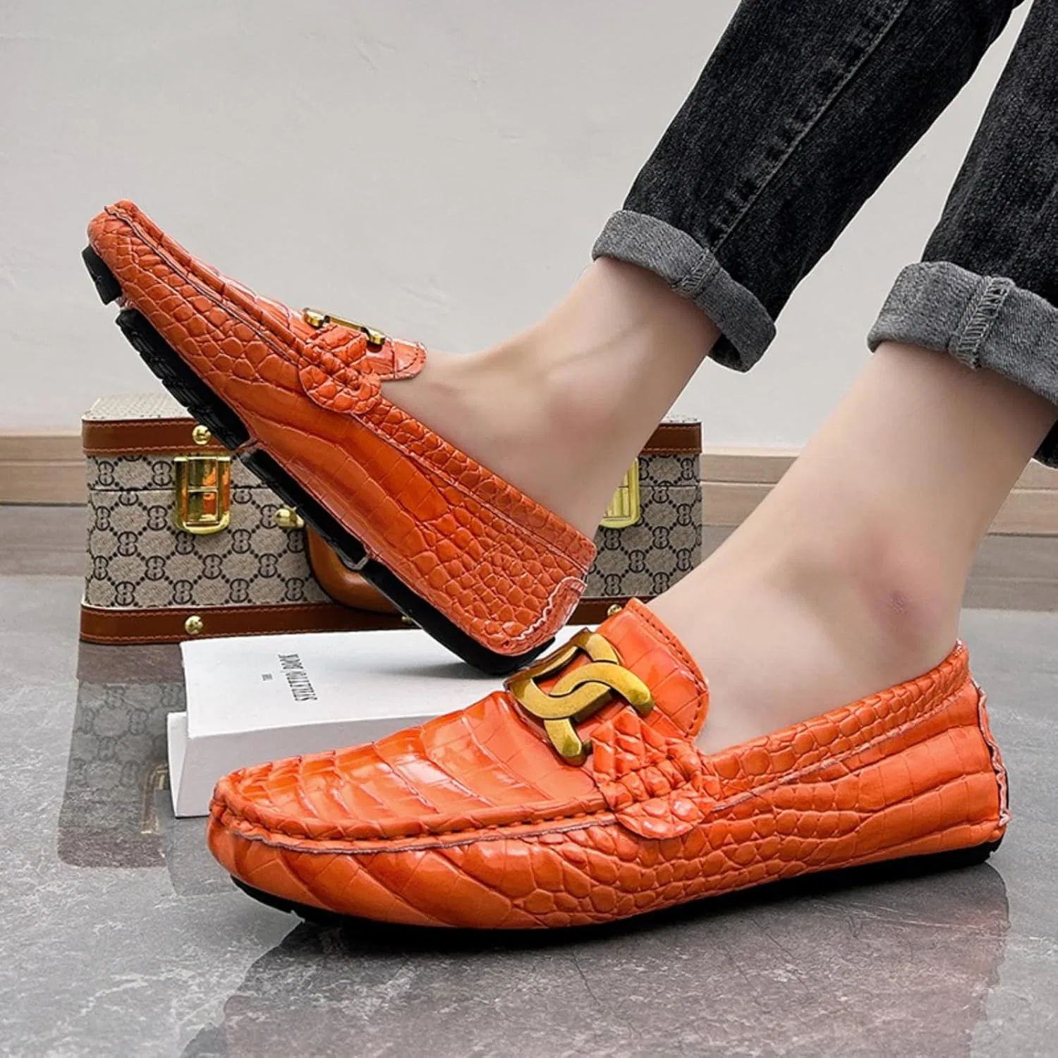 Лоферы крокодиловая кожа, Slip-On, оранжевый JingSMNX — фото 3