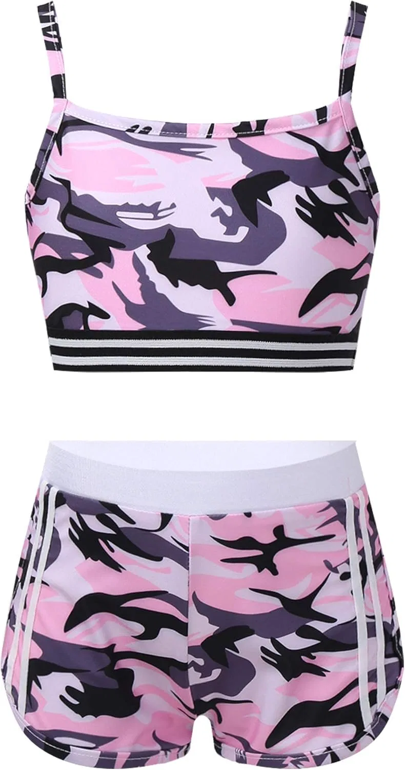 Детский активный костюм с пайетками Mufeng, топ и шорты, Camo Pink