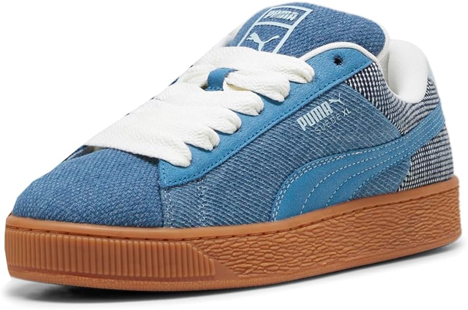 Мужские замшевые кроссовки PUMA XL с джинсовой тканью и шнуровкой- синие — фото 2