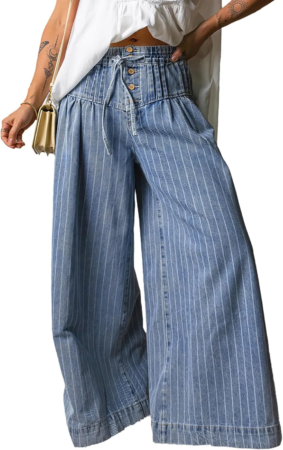 

Женские полосатые джинсы baggy wide leg с высокой талией QLAUYIOE