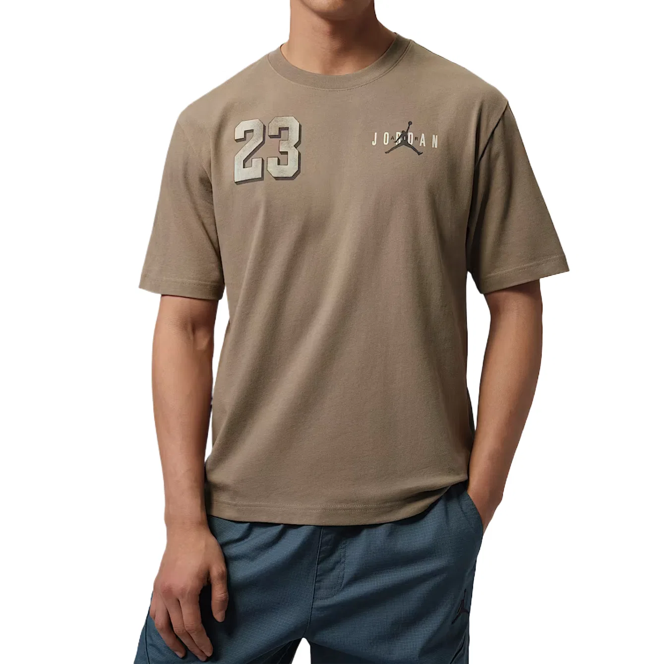 Футболка Brooklyn T Shirts Men's Olive Gray/Light Jade Blue Gray, круглый вырез, средняя посадка Jordan
