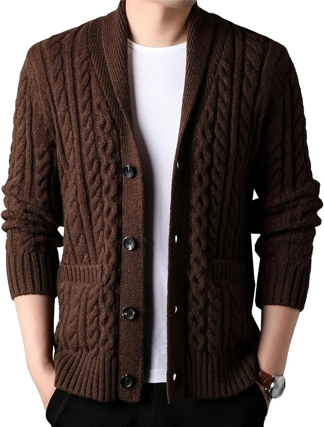 

Мужской теплый кардиган с кабельным узором и карманами