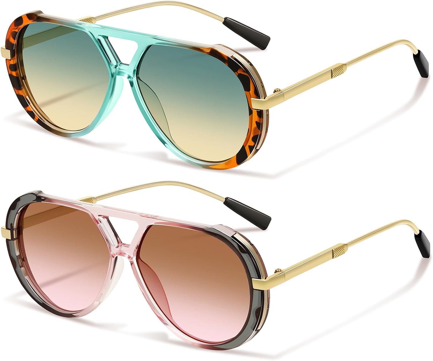 

Ретро-солнцезащитные очки-авиаторы золотистого цвета для женщин и мужчин, большая оправа, модный винтажный стиль 70-х, защита от УФ-излучения YMRFW, 2pack (Green/Yellow+tea/Pink)