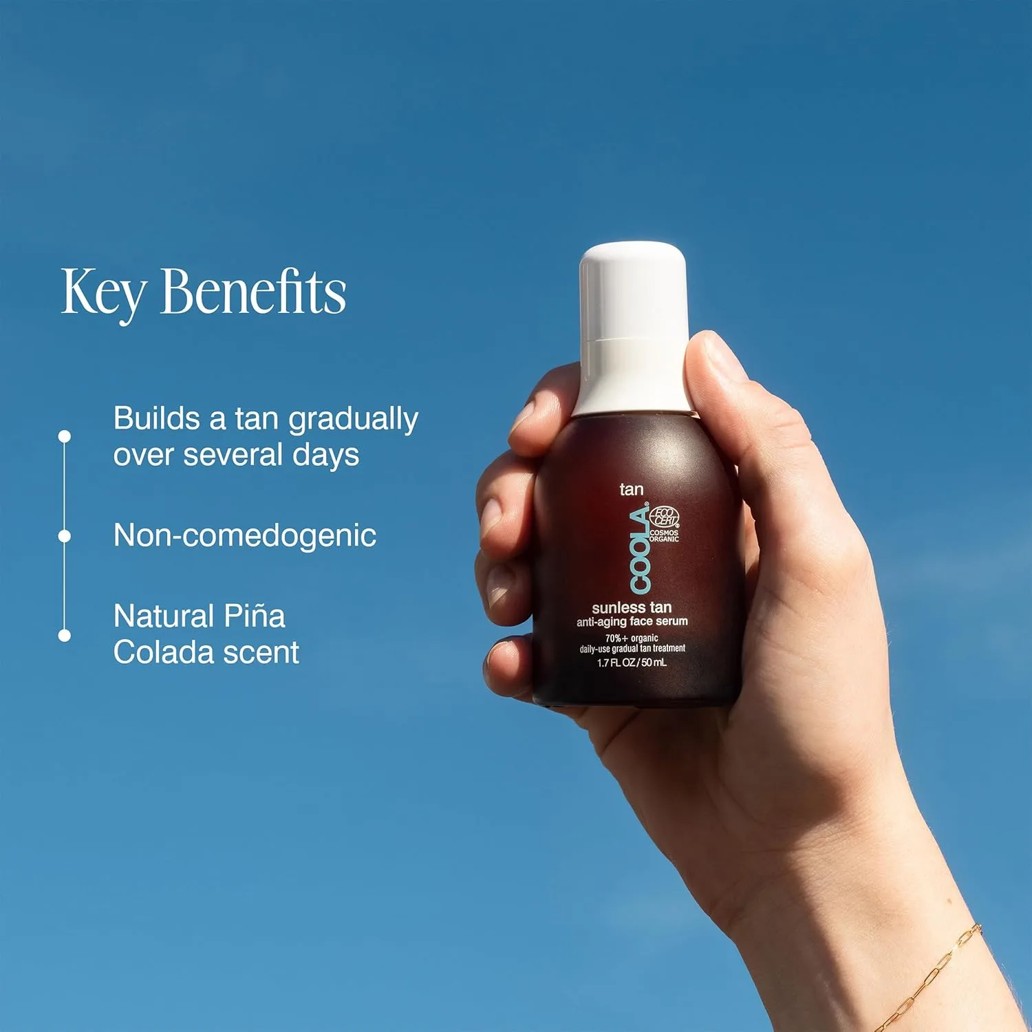 COOLA Organic Sunless Self Tanner сыворотка для лица, дерматологически протестированный антивозрастной уход с гиалуроновой кислотой, Vegan и Non-GMO, Piña Colada, 50 мл — фото 3