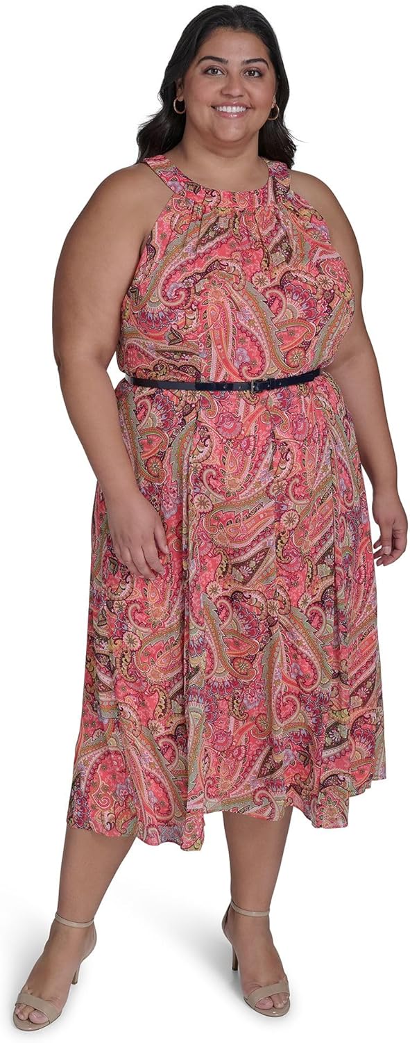 

Женское платье миди Tommy Hilfiger без рукавов с халтер-бретелькой и расклешенным лифом, Sherbet Multi