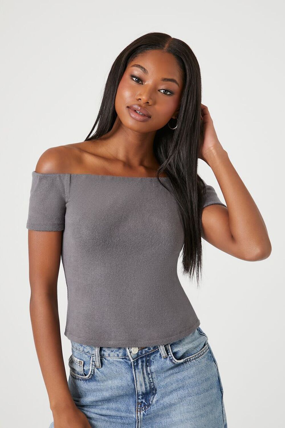 

Укороченный топ с открытыми плечами Forever 21, серый
