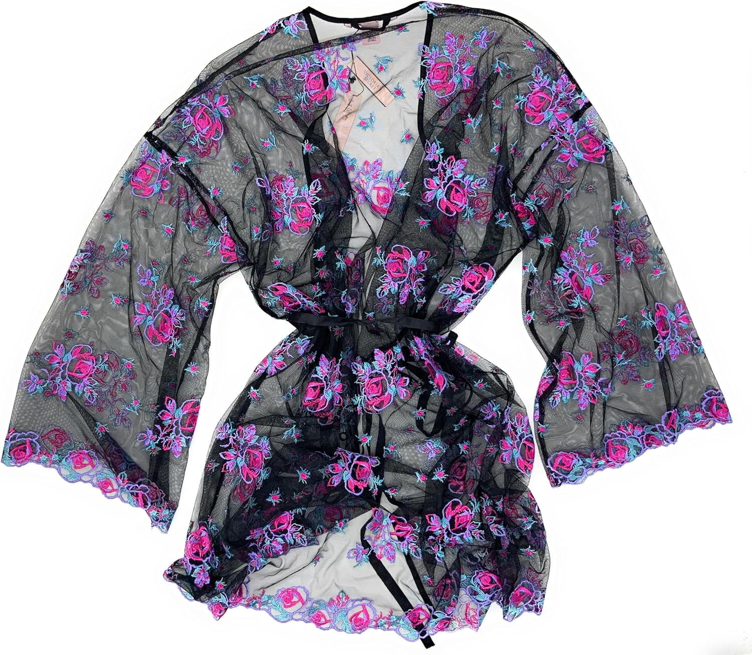 Victoria's Secret кимоно-халат с сетчатой вышивкой, Black/Multi Floral — фото 2