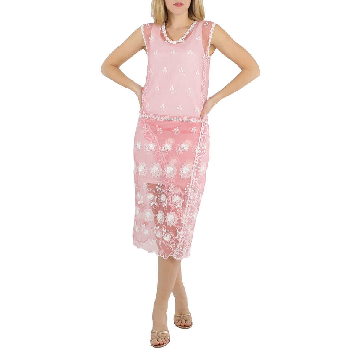 

Burberry Женское платье из тюля с вышивкой кружева Chantilly без рукавов, белый