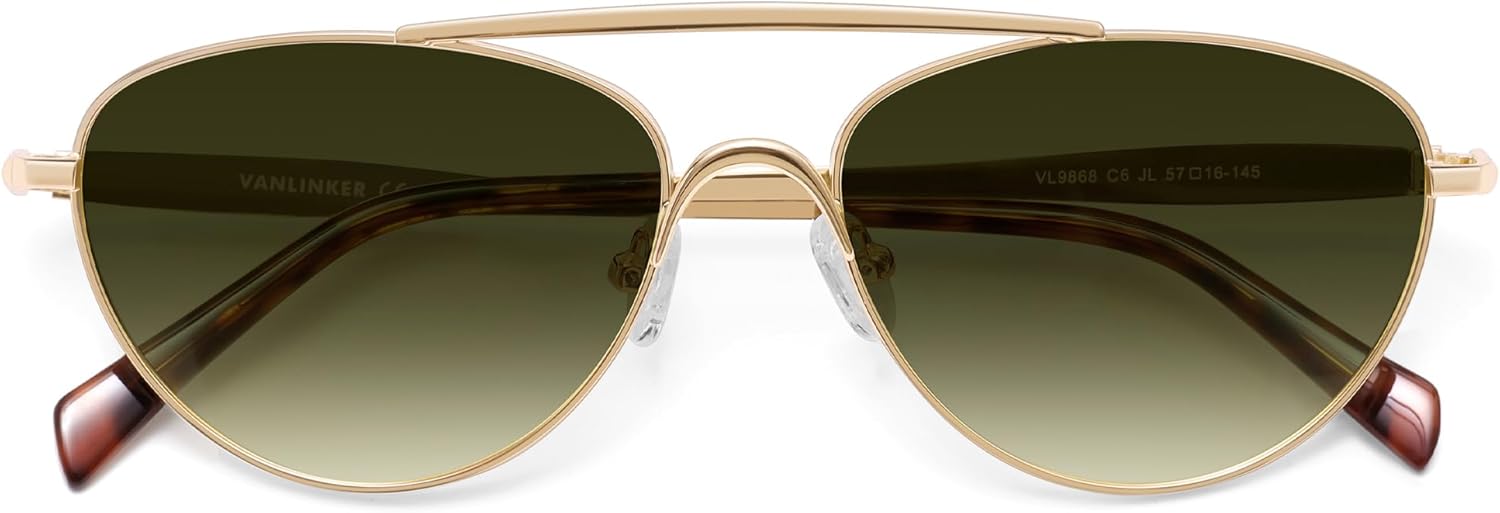 

Поляризованные солнцезащитные очки-авиаторы в стиле ретро с металлическим оправой «кошачий глаз» от VANLINKER для женщин и мужчин, модель VL9868, Gold Frame Deep Green Lens