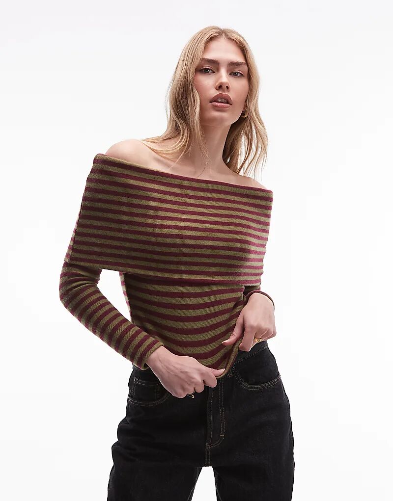 

Топ с открытыми плечами ASOS DESIGN Supersoft Touch, с отворотами, в полоску бордового и хаки