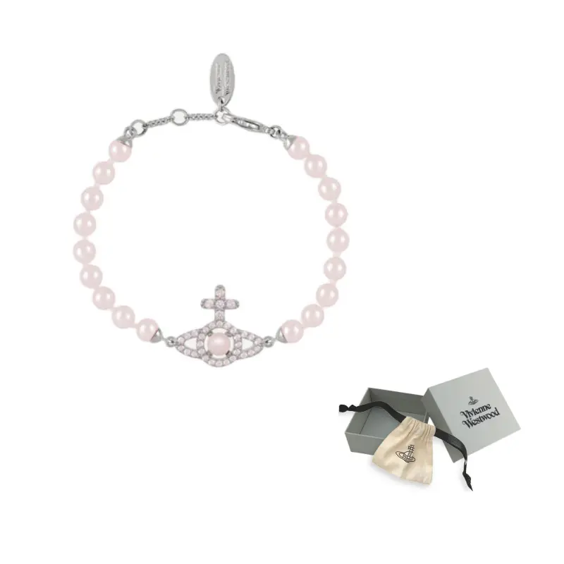 

Vivienne Westwood Браслет Brass Glass в стиле барокко с розовым жемчугом Saturn для женщин, серебристый/розовый