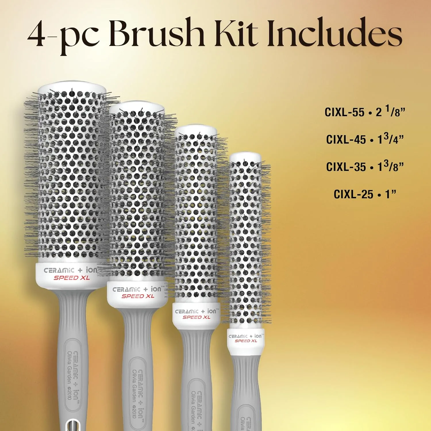 Термощетка Olivia Garden Ceramic + Ion Speed ​​XL - удлиненная круглая - не электрическая - профессиональная щетка для укладки нормальных и густых волос Коробка из 4 штук, White/Grey — фото 2