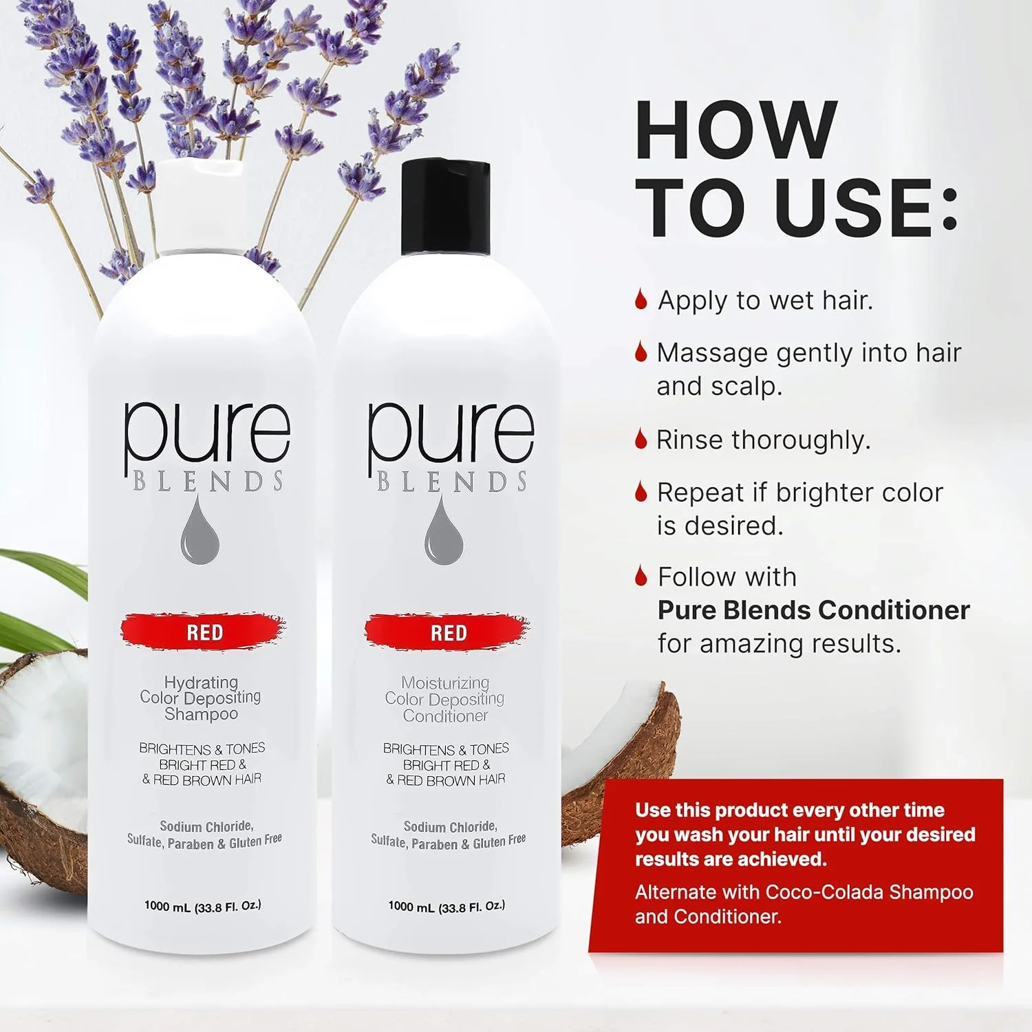 Pure Blends шампунь и кондиционер для обновления цвета Red, 1 л, для осветления и тонирования выцветших волос, предотвращает вымывание цвета и продлевает стойкость окрашивания, полуперманентная краска для волос — фото 2