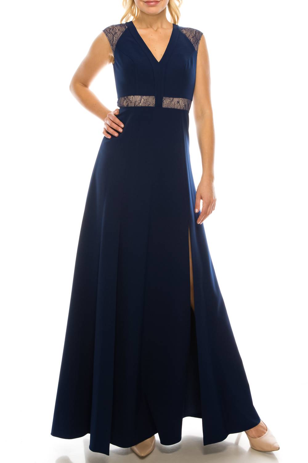 

Вечернее платье без рукавов с кружевными деталями в темно-синем цвете Aidan Mattox