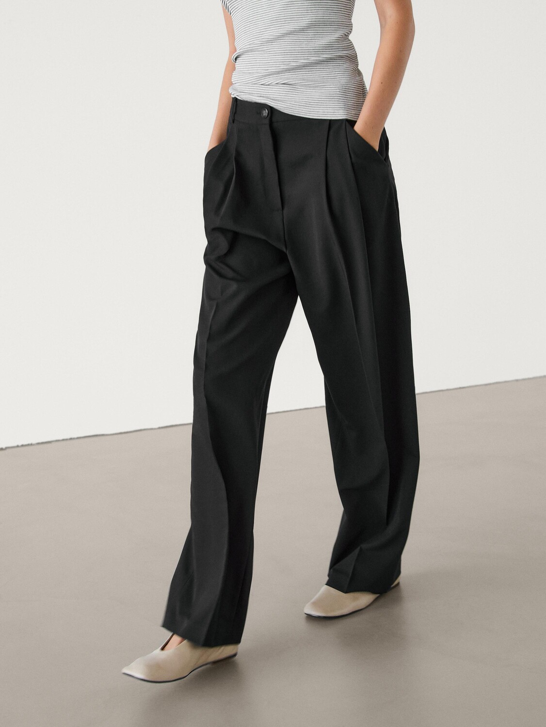 Брюки прямого кроя с двойными защипами Massimo Dutti, черный — фото 3