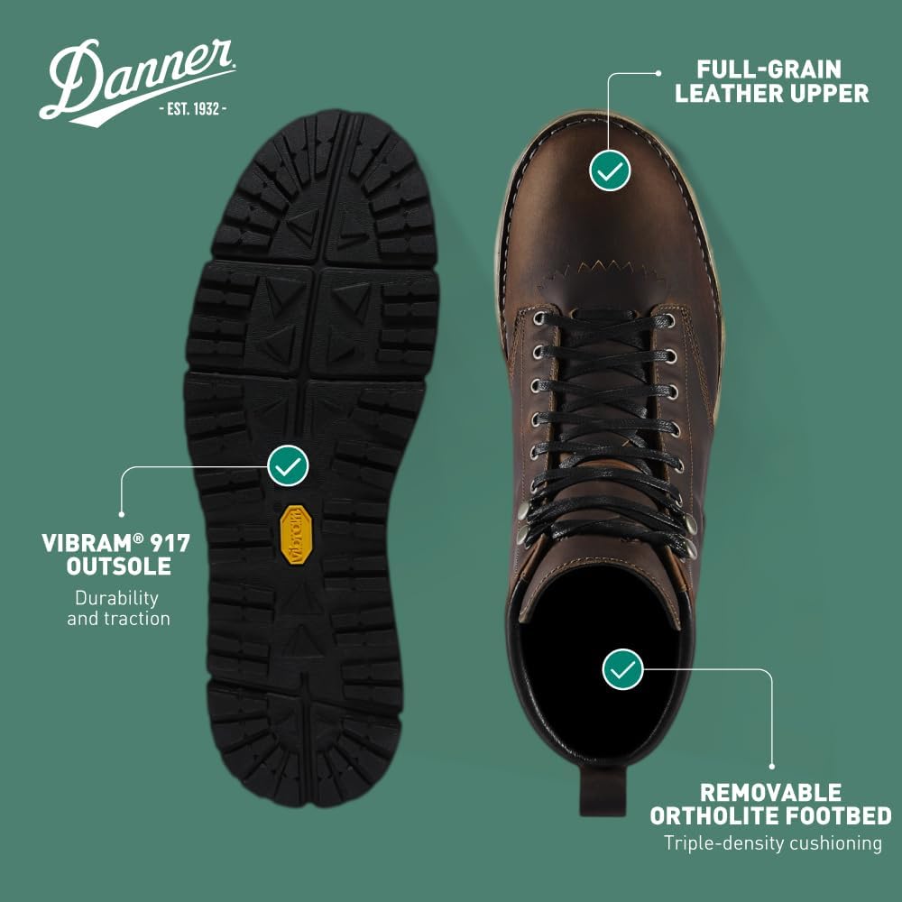 Ботинки для пешего туризма Danner Logger 917 для мужчин - из цельной кожи с дышащей сетчатой подкладкой, промежуточная подошва Vibram SPE и наружная подошва 917 с протектором, шоколадный — фото 4