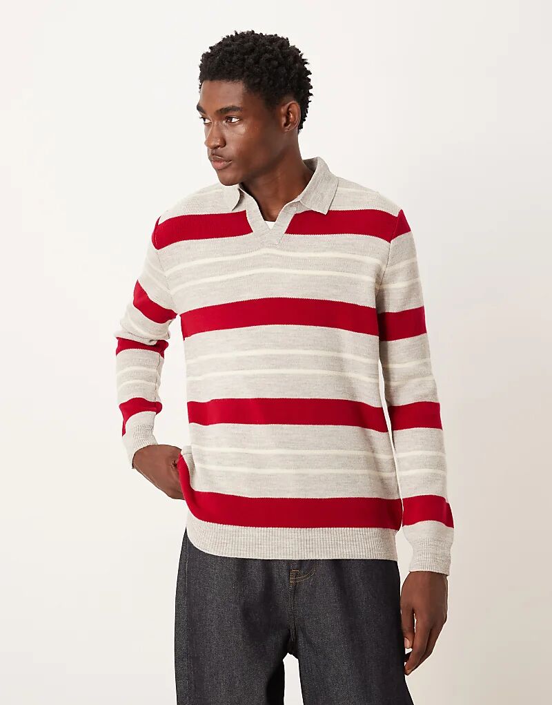 

Трикотажное поло ASOS DESIGN с вырезом-стойкой в ​​красную и бежевую полоску