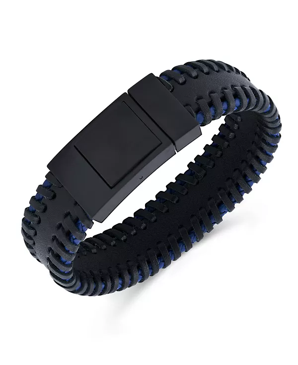 

Стильный массивный кожаный браслет черного и синего цвета из нержавеющей стали Rhona Sutton, silver