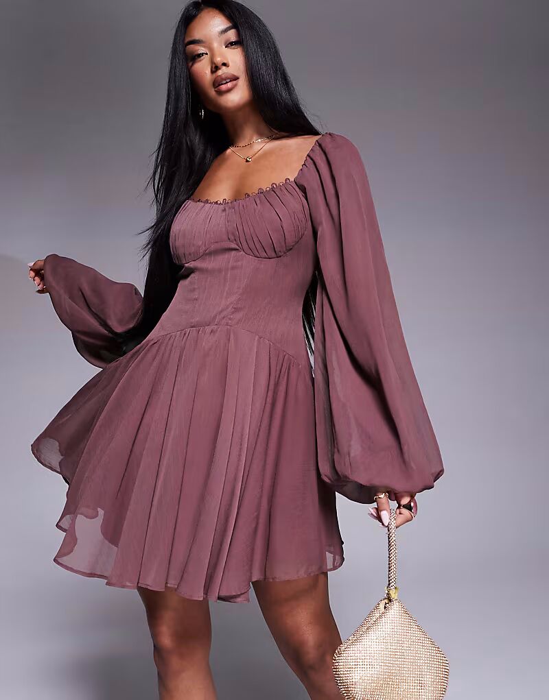 

Платье-мини с пышными рукавами и шнуровкой из шифона ASOS DESIGN ягодного цвета