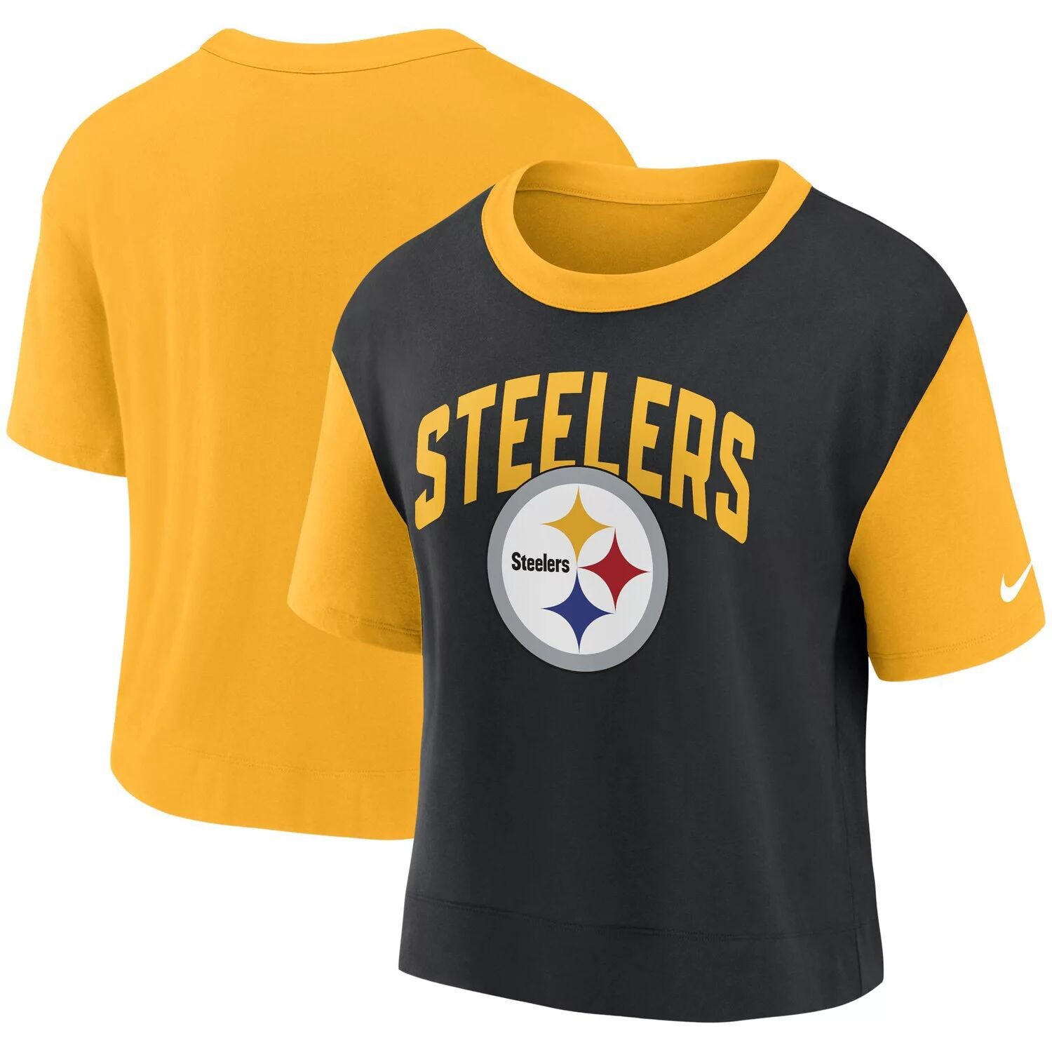 

Женская модная футболка с высоким бедрами Nike Gold/Black Pittsburgh Steelers Nike