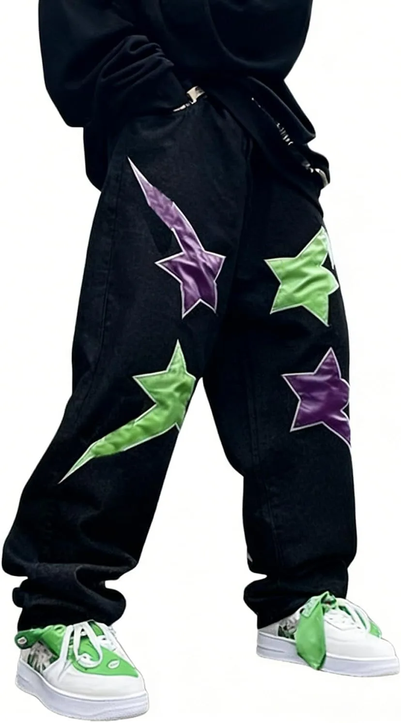 

Jupkem Y2K Baggy черные джинсы с звездами Straight Leg Distresed