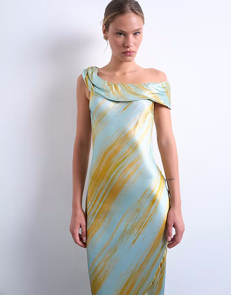 

Платье макси с драпированными плечами и размытым принтом ржавчины Topshop, мультиколор