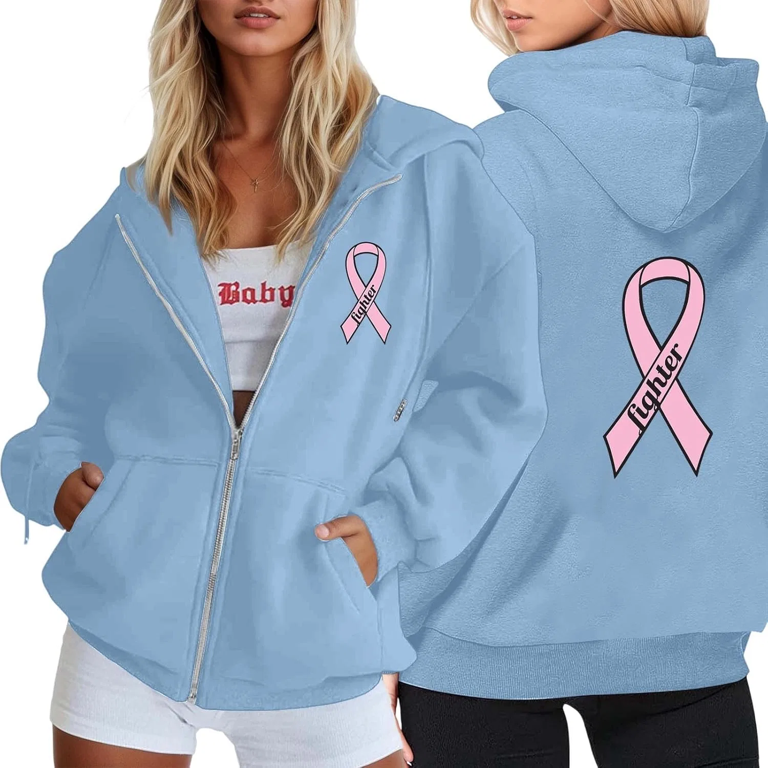 Худи женское с принтом Pink Ribbon, на молнии, с карманами, Sb