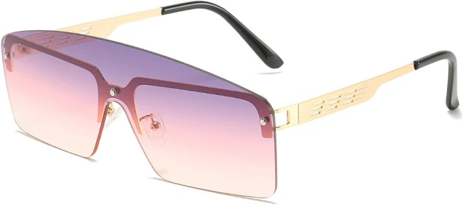 

Модные солнцезащитные очки без оправы для мужчин и женщин, винтажные, металлические, цельные, для путешествий и вождения, с защитой от УФ-излучения UV400 TKKTLLT, Gold Purple Pink