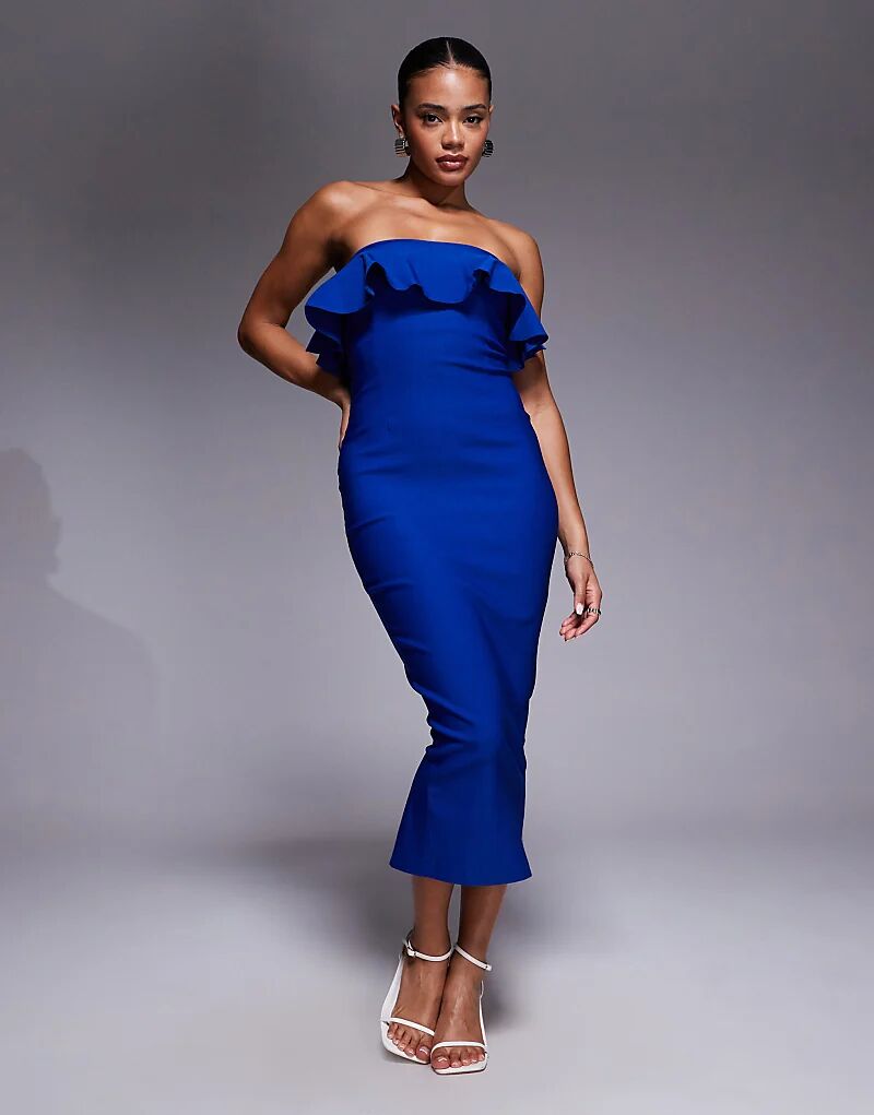 

Платье-бандо Vesper миди с отложным воротником и оборкой в ​​кобальтовом цвете