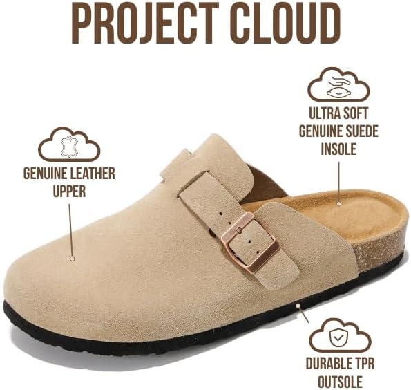 Мужские сабо Project Cloud - 100 натуральная кожа полного слоя, сабо с мемори-пеной для мужчин, поддержка свода стопы, пробковая стелька, противоскользящая подошва (Brooklyn), песочный — фото 2