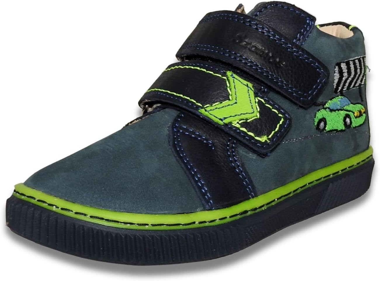 

Детские туфли Szamos для мальчиков из натуральной кожи - эргономичная подошва, устойчивая пятка, гибкая передняя часть, регулируемые ремешки на липучке, вышитый дизайн - темно-синий/зеленый с рисунком гоночной машины