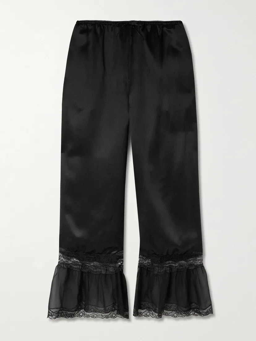 Широкие брюки из шелкового сатина с оборками и кружевной отделкой SAINT LAURENT, черный