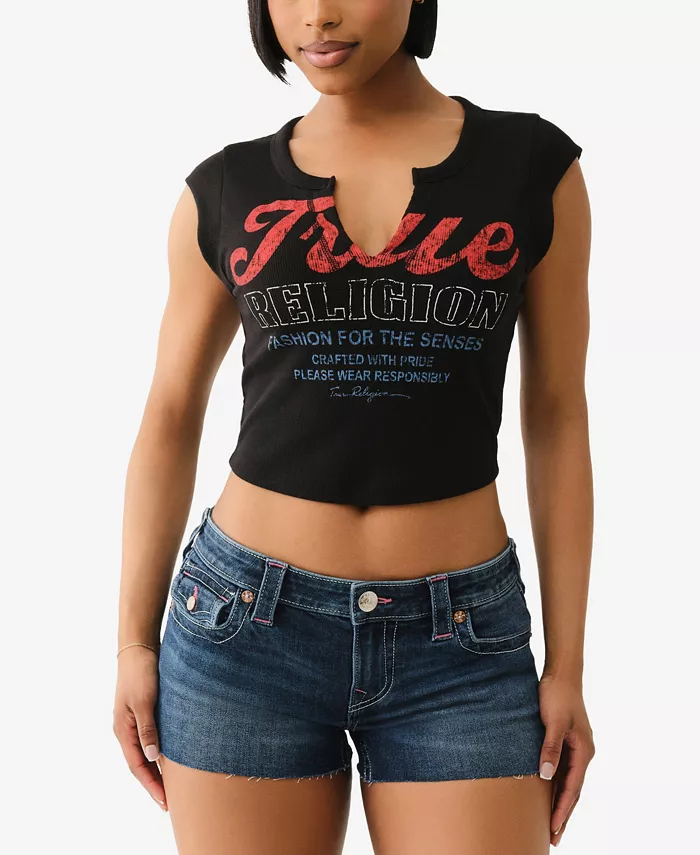

Женский винтажный топ с V-образным вырезом и резинкой True Religion, черный